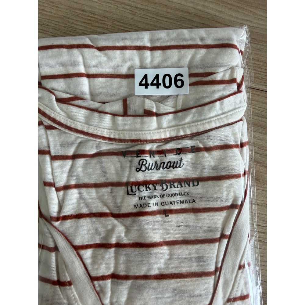 Lucky Brand Venice Burnout Striped V-Neck T-Shirt White Rust Orange Large - Picture 8 of 8